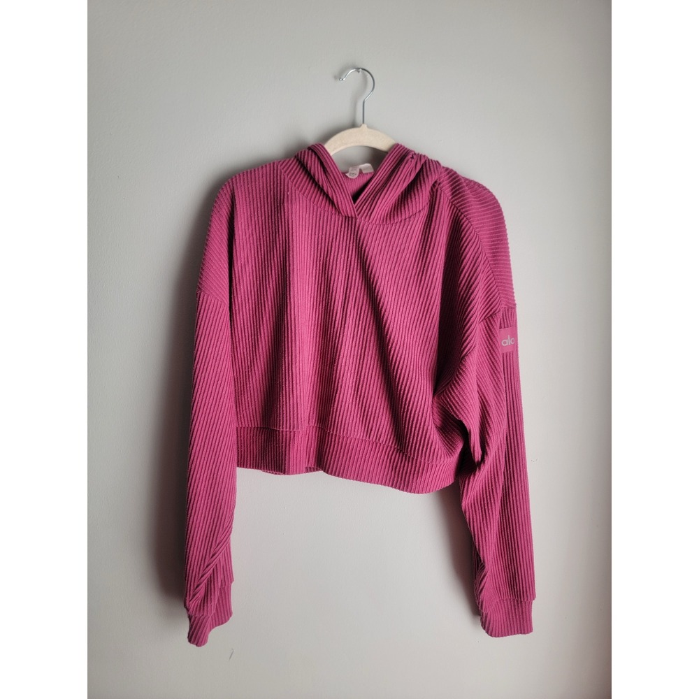Alo Yoga Muse Hoodie Ribbed Cropped Sweatshirt Raspberry Sorbet Medium